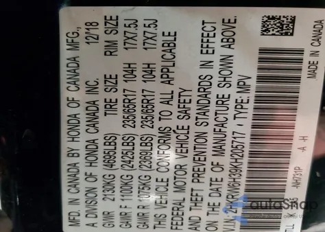 2019 Honda Cr-V Lx z USA, uszkodzony, nr VIN 2HKRW6H39KH205717